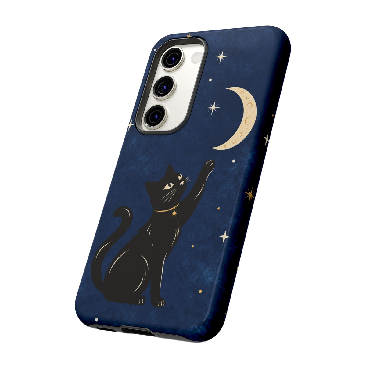 Whimsical Navy Blue Celestial Black Cat Phone Case