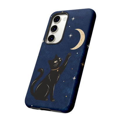 Whimsical Navy Blue Celestial Black Cat Phone Case