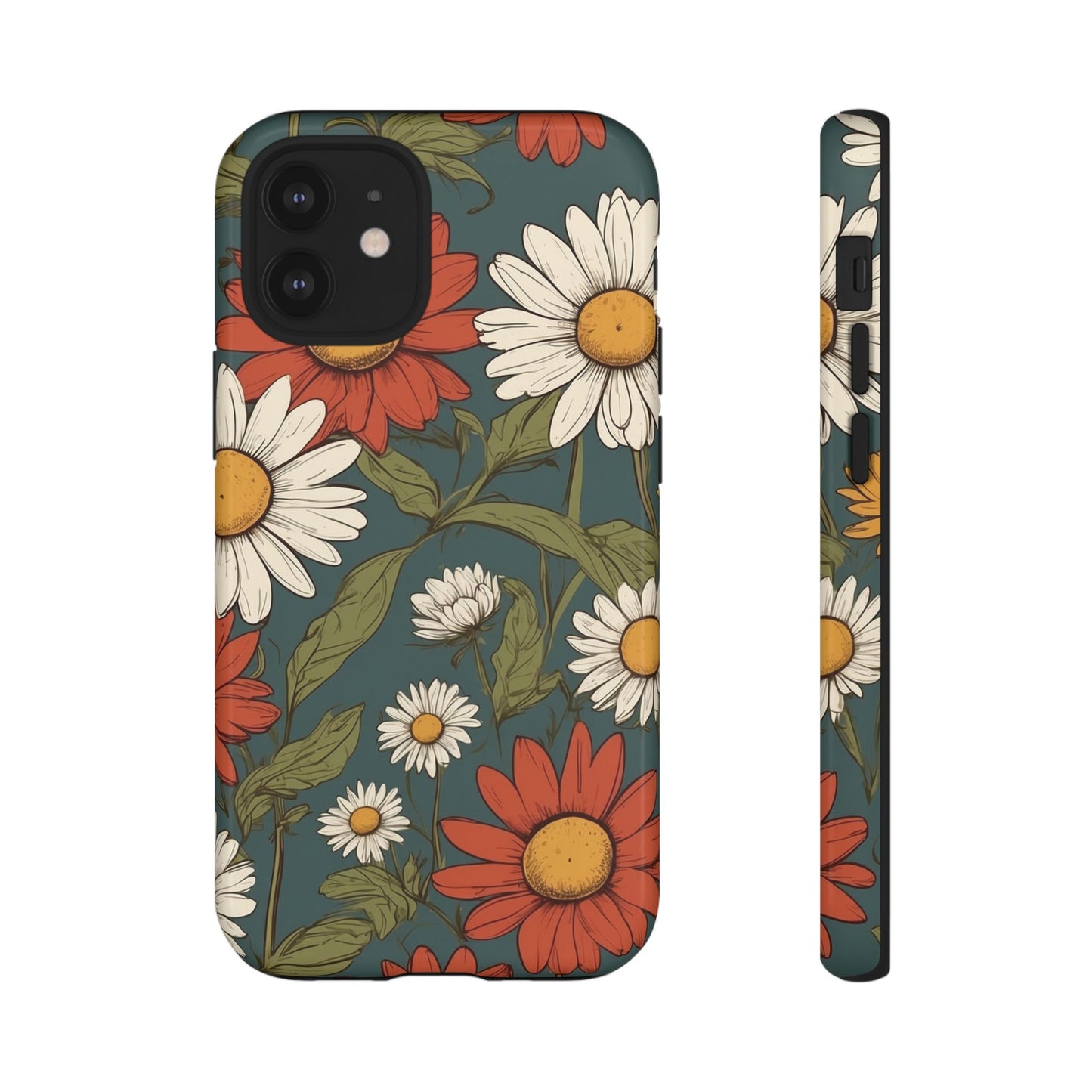 iPhone 12 Mini / Glossy Phone Case - Boho Chic Daisies Floral Pattern ’White & Red’ Phone Case