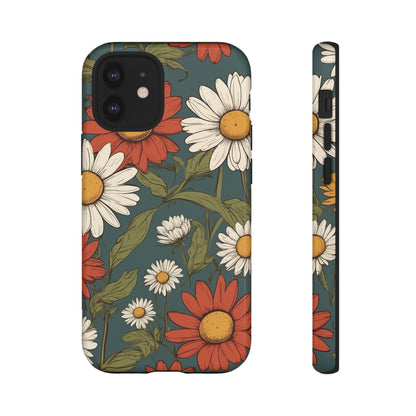 iPhone 12 Mini / Glossy Phone Case - Boho Chic Daisies Floral Pattern ’White & Red’ Phone Case