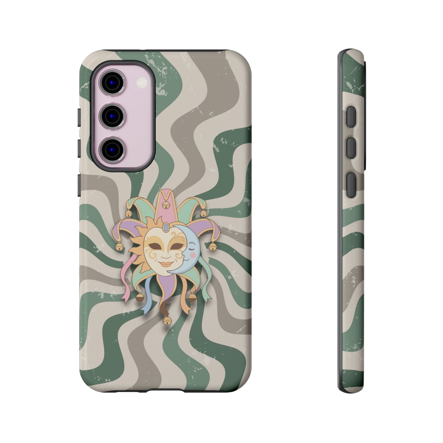 Samsung Galaxy S23 Plus / Glossy Phone Case - Sun & Moon Jester Mask – Green Retro Wave Phone Case
