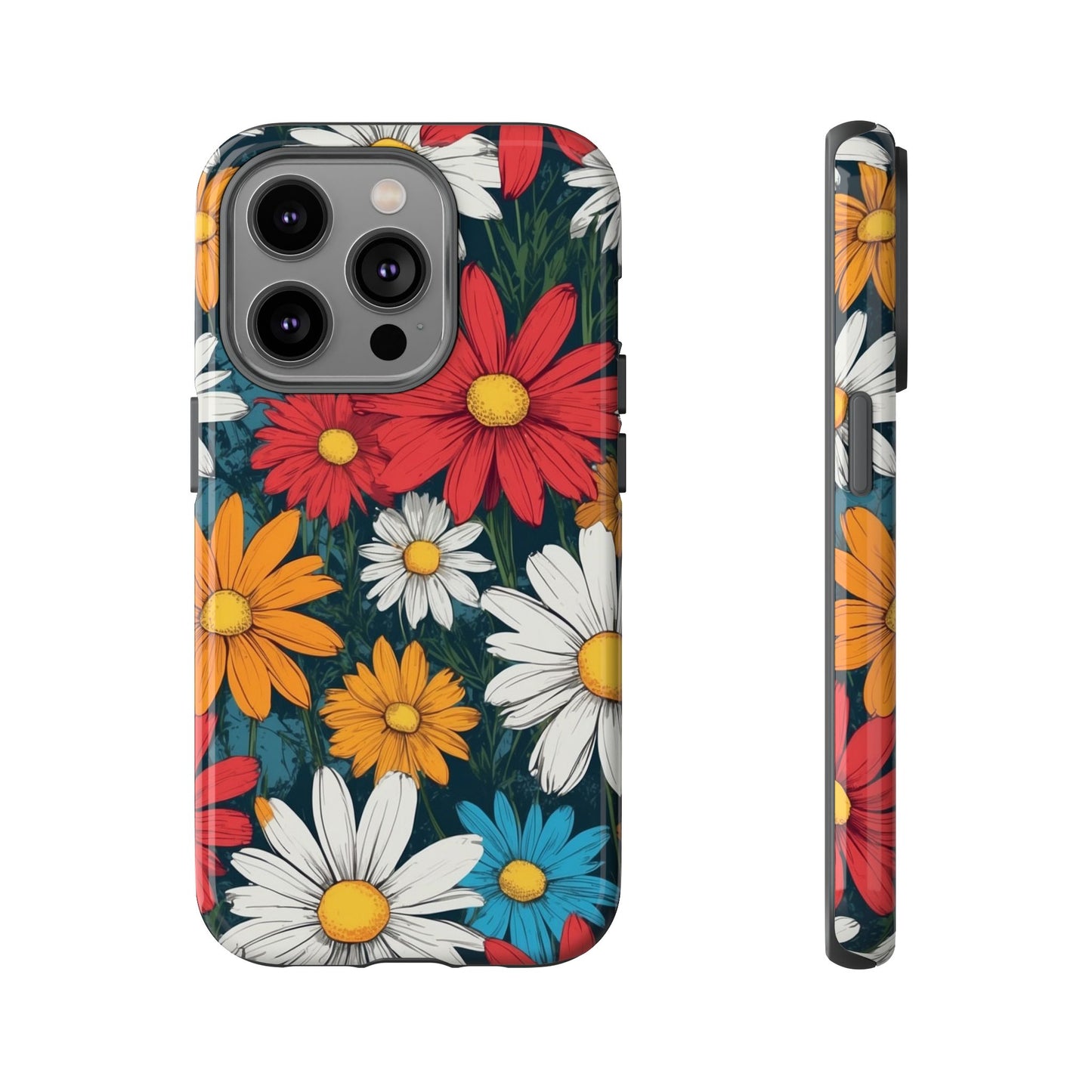 iPhone 14 Pro / Glossy Phone Case - Pop Art Daisies Illustration ’Red & Orange’ Phone Case