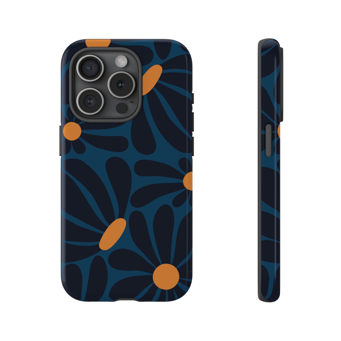 iPhone 15 Pro / Glossy Phone Case - ’Dark Blue & Orange Daisy Pattern’ Phone Case