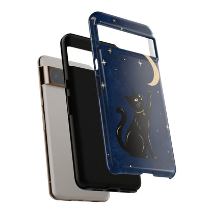 Whimsical Navy Blue Celestial Black Cat Phone Case