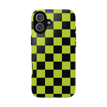 Trendy Neon Lime Green & Black Checked Pattern Phone Case - Green Phone Case - iPhone 16 Plus / Glossy