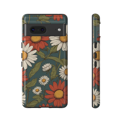 Google Pixel 7 / Glossy Phone Case - Boho Chic Daisies Floral Pattern ’White & Red’ Phone Case