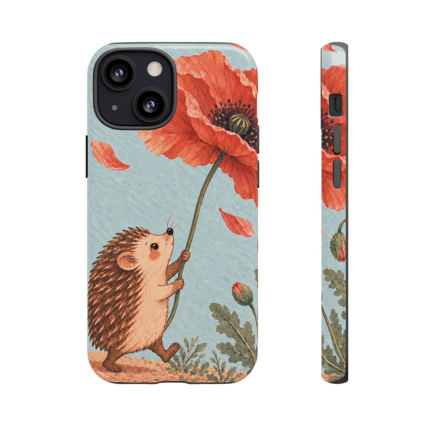Whimsical Pale Blue Hedgehog and Poppy Phone Case - Blue Phone Case - iPhone 13 Mini / Glossy
