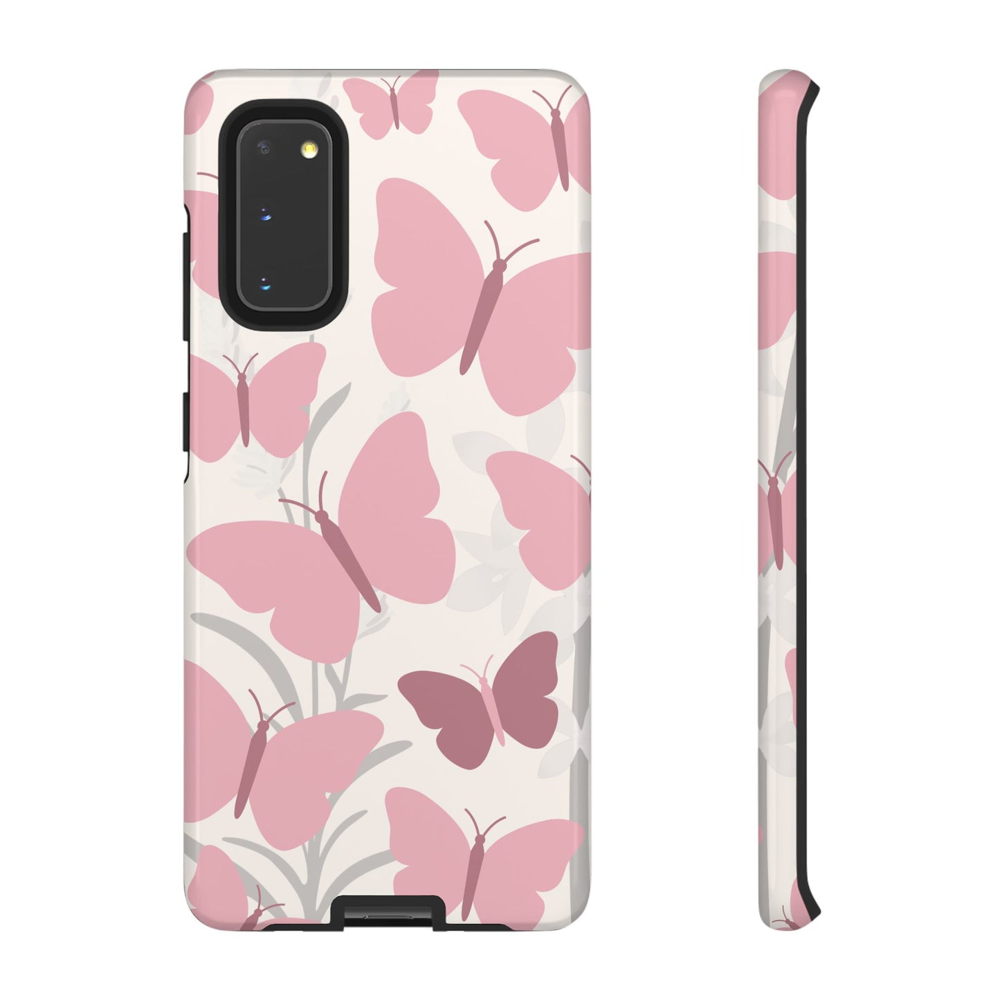 Samsung Galaxy S20 / Glossy Phone Case - Minimalist Cream & Pink Butterfly Pattern Phone Case