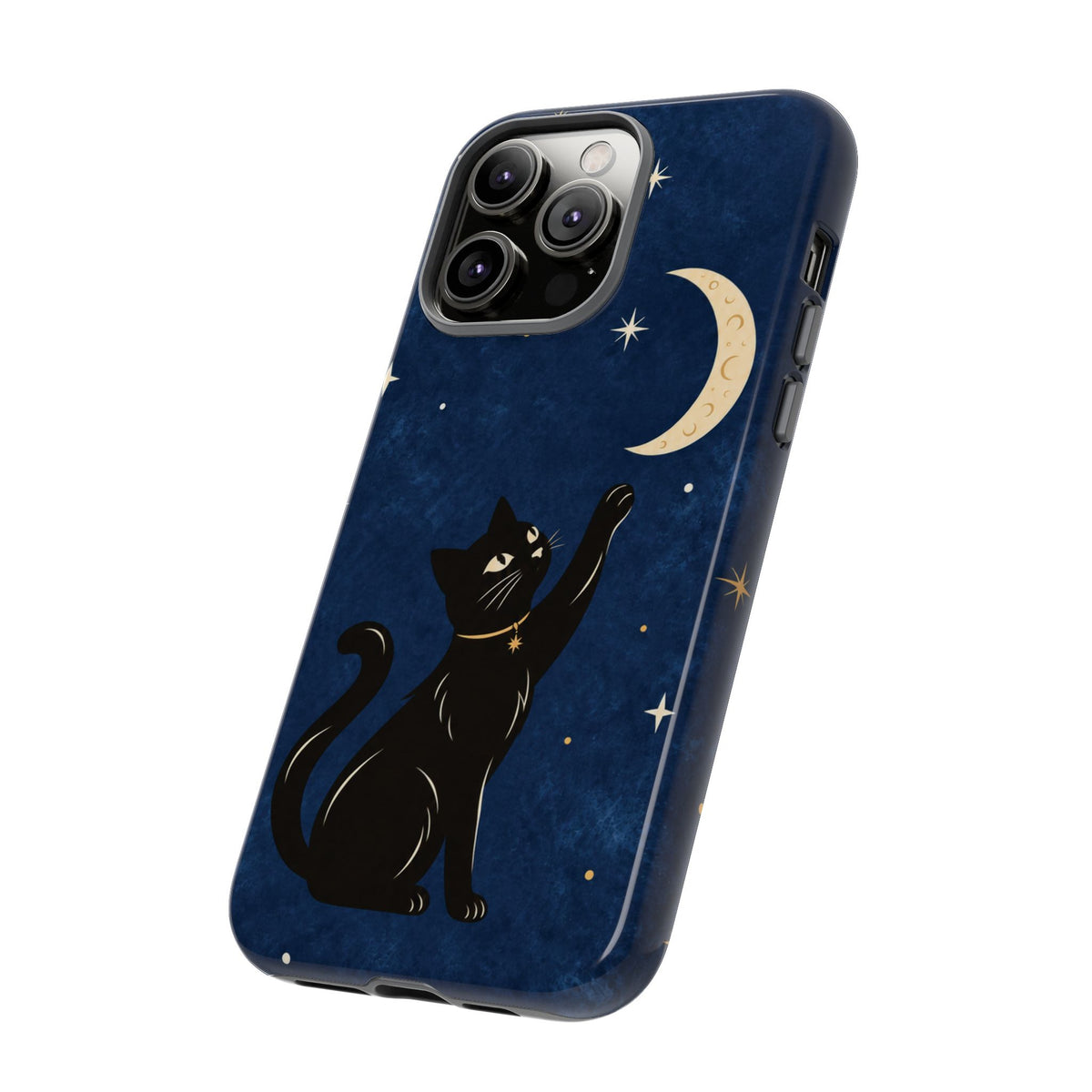 Whimsical Navy Blue Celestial Black Cat Phone Case
