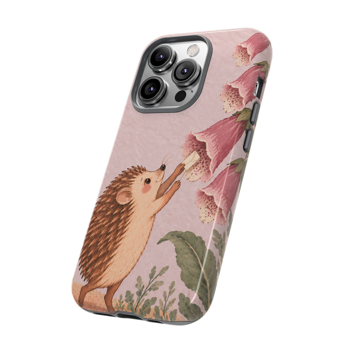 Whimsical Blush Pink Hedgehog and Foxglove Phone Case - Pink Phone Case