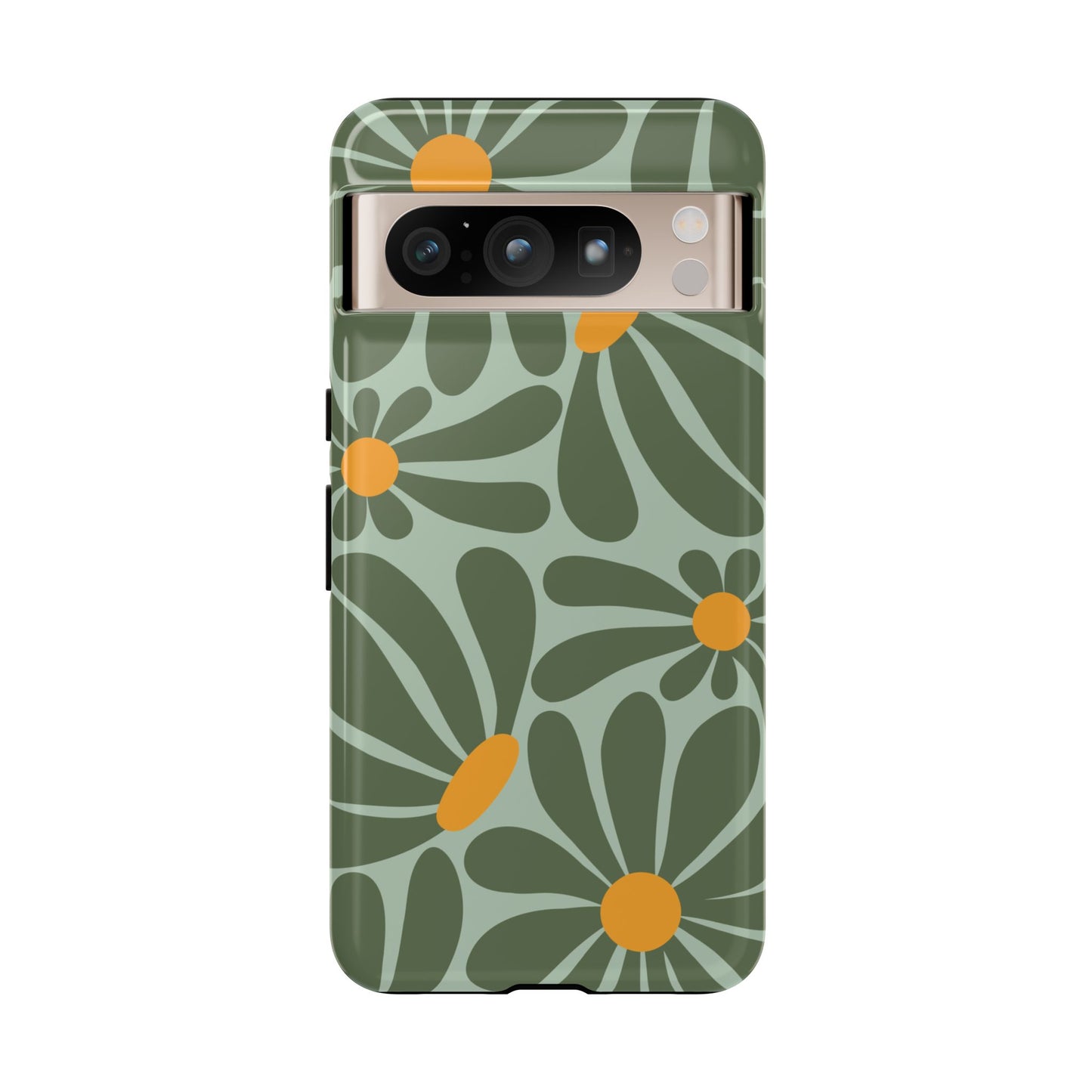Google Pixel 8 Pro / Glossy Phone Case - Retro Green Daisy Pattern Phone Case