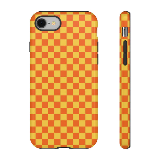 iPhone 8 / Glossy Phone Case - Trendy Orange & Yellow Small Checked Pattern Phone Case