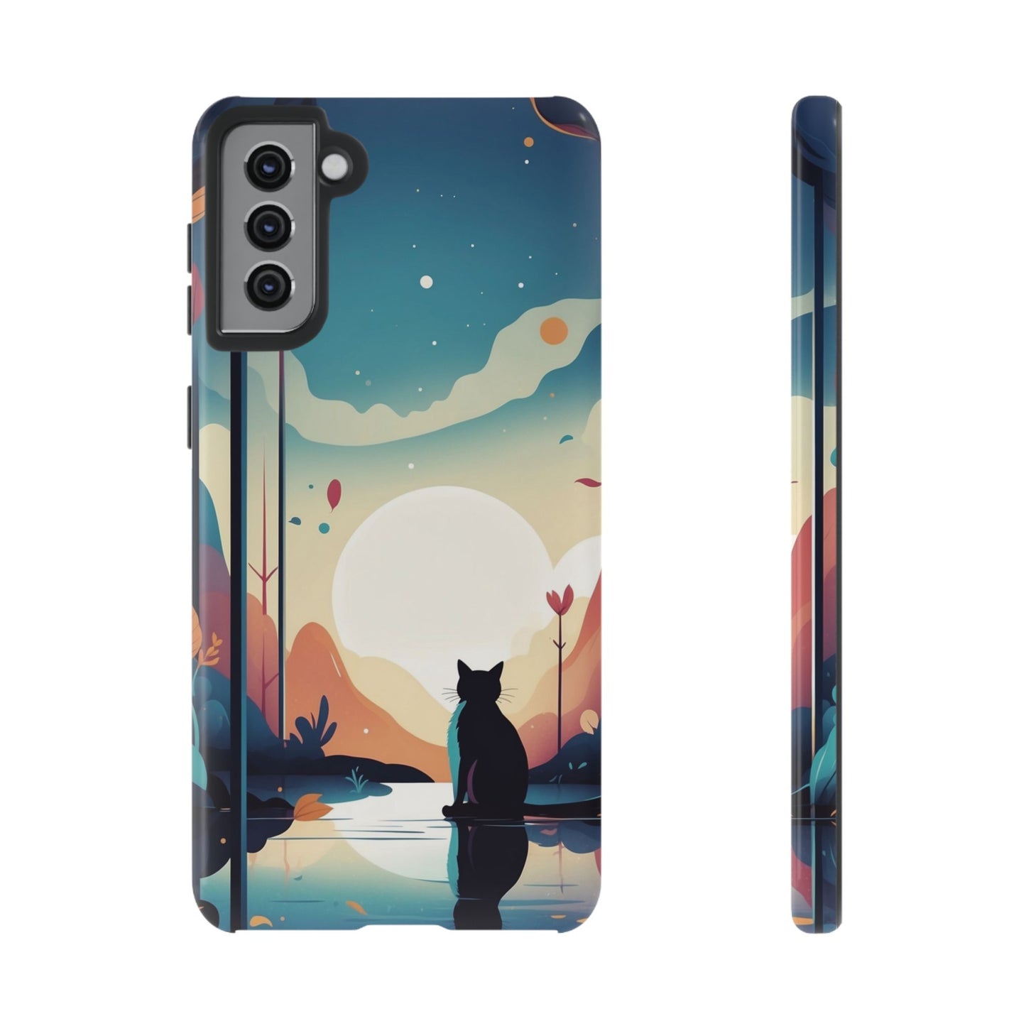 Samsung Galaxy S21 Plus / Glossy Phone Case - Stylised Cat & Moon Design Phone Case