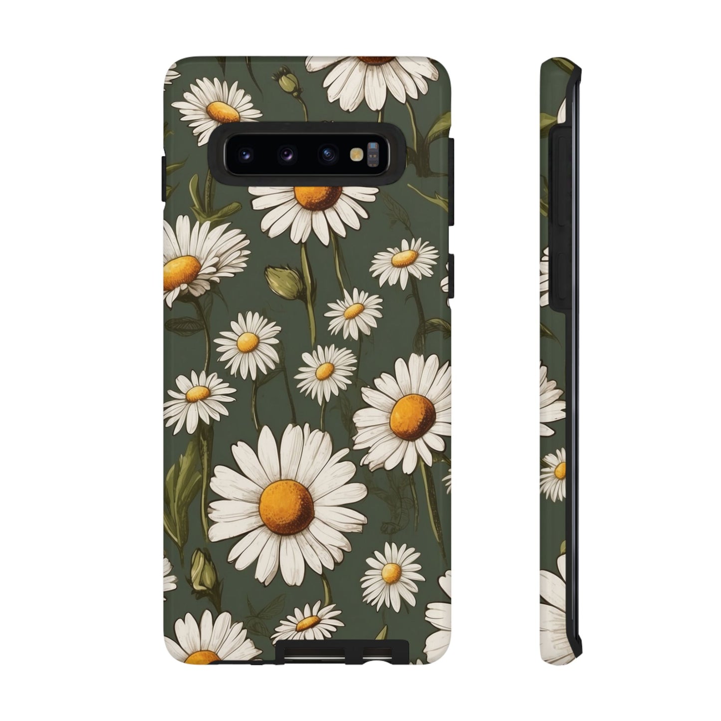 Samsung Galaxy S10 / Glossy Phone Case - Boho Chic Daisies Floral Pattern ’White & Green’ Phone Case