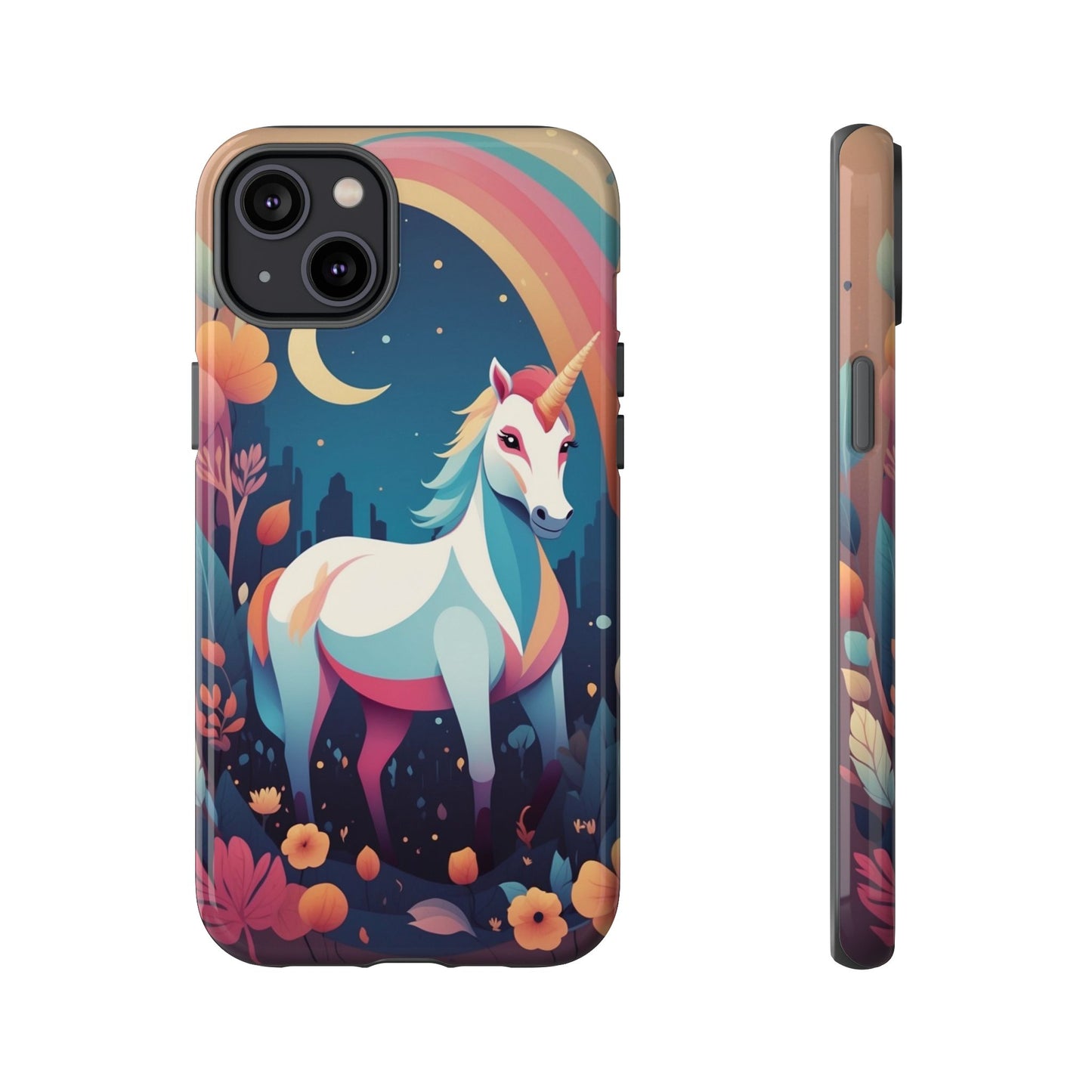 iPhone 14 Plus / Glossy Phone Case - Stylised Unicorn & Rainbow Design Phone Case