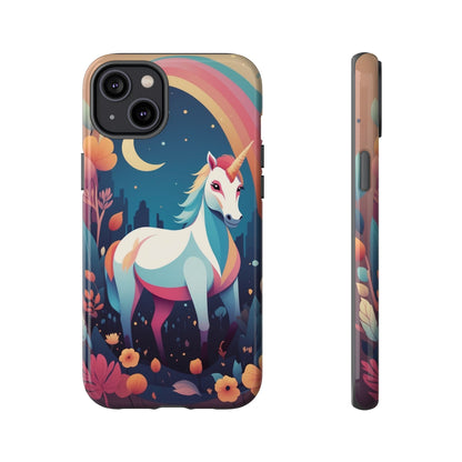 iPhone 14 Plus / Glossy Phone Case - Stylised Unicorn & Rainbow Design Phone Case