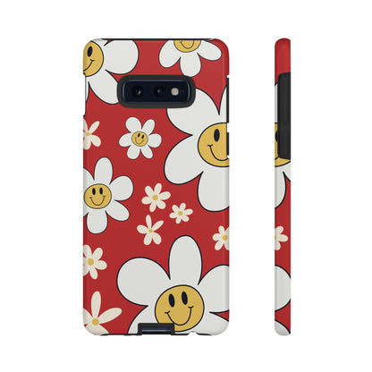 Samsung Galaxy S10E / Glossy Phone Case - Fun Retro Daisy Pattern with Red Background Phone Case