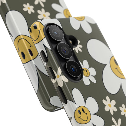 Fun Retro Daisy Pattern with Olive Green Background Phone Case - Green Phone Case