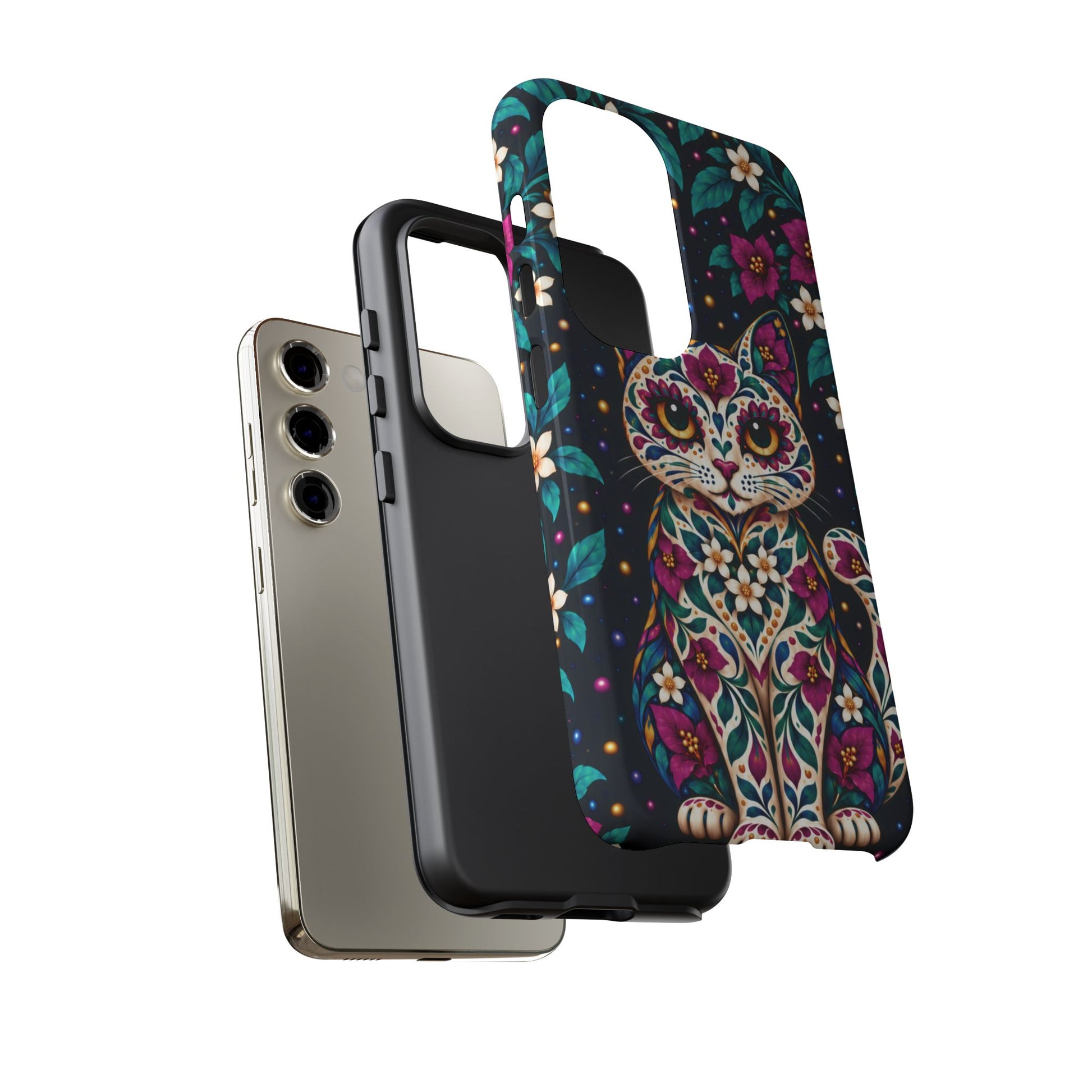 Vibrant Purple and Teal Calavera Cat Phone Case - Multicolor Phone Case