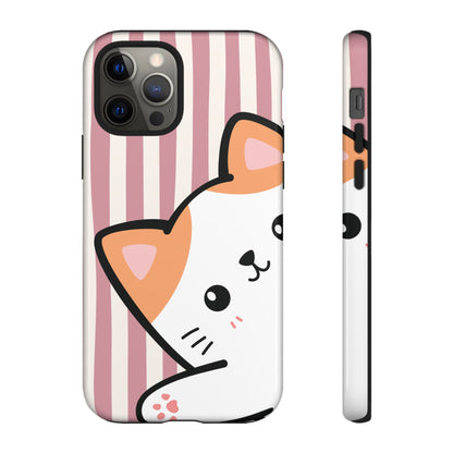 Playful Peakaboo Cat with Pink Stripe Pattern Phone Case - Pink Phone Case - iPhone 12 Pro / Glossy