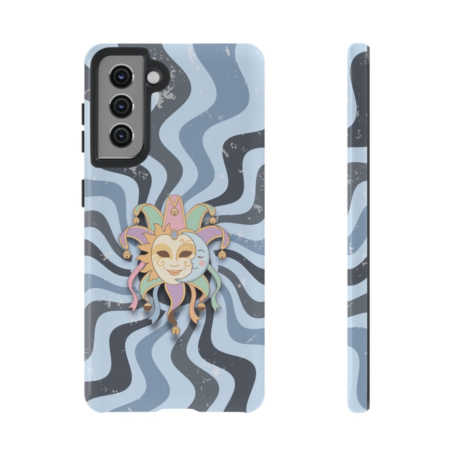 Samsung Galaxy S21 / Glossy Phone Case - Sun & Moon Jester Mask – Blue Retro Wave Phone Case
