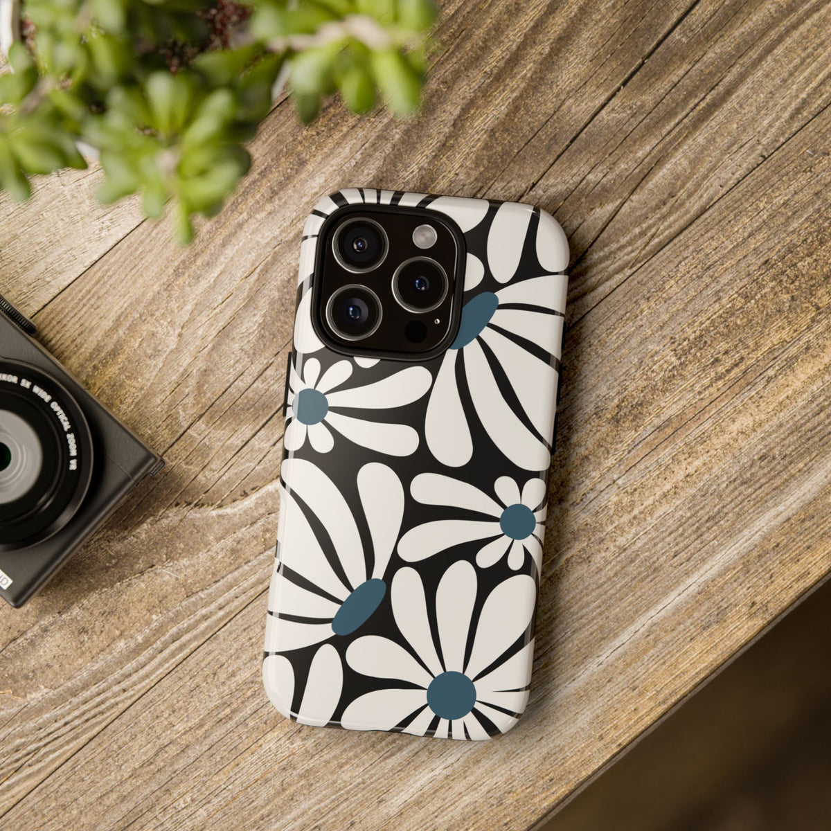 Retro Black Daisy Pattern Phone Case - Black Phone Case