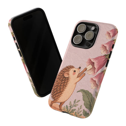 Whimsical Blush Pink Hedgehog and Foxglove Phone Case - Pink Phone Case