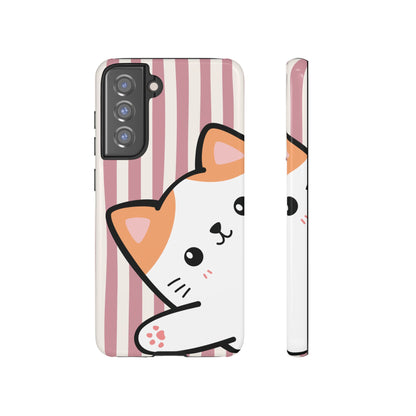 Playful Peakaboo Cat with Pink Stripe Pattern Phone Case - Pink Phone Case - Samsung Galaxy S21 FE / Glossy