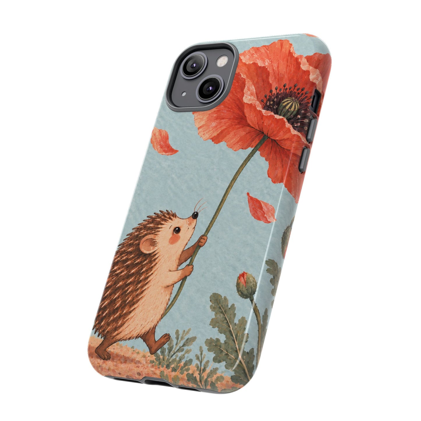 Whimsical Pale Blue Hedgehog and Poppy Phone Case - Blue Phone Case