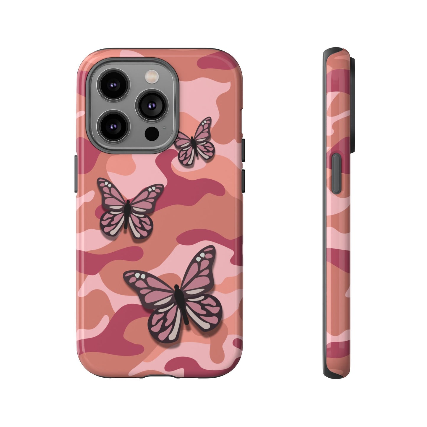 iPhone 14 Pro / Glossy Phone Case - Pink Butterfly Camo Phone Case