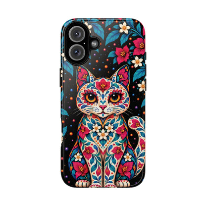 Vibrant Pink and Turquoise Calavera Cat Phone Case - Multicolor Phone Case - iPhone 16 Plus / Glossy