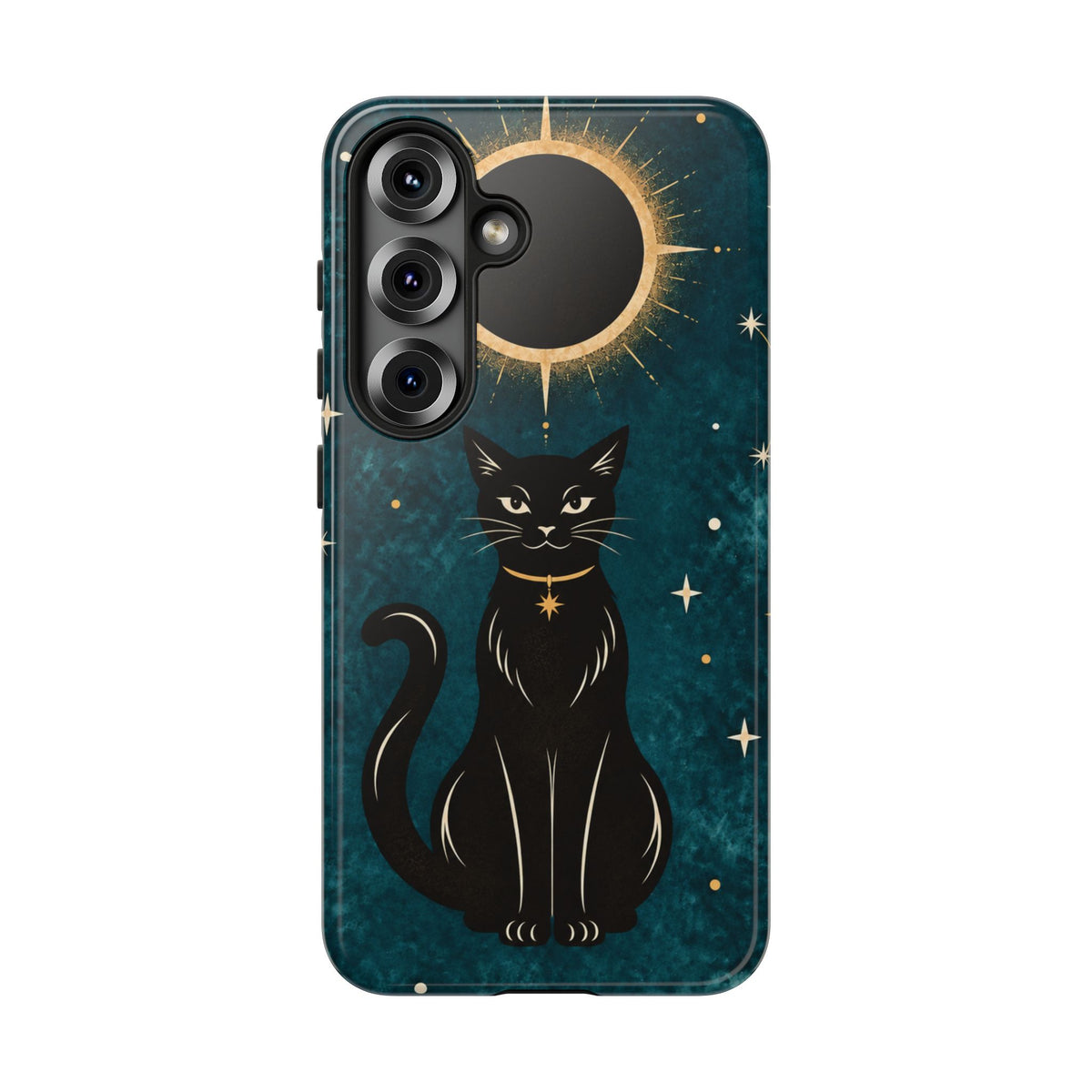 Whimsical Teal Celestial Black Cat Phone Case
