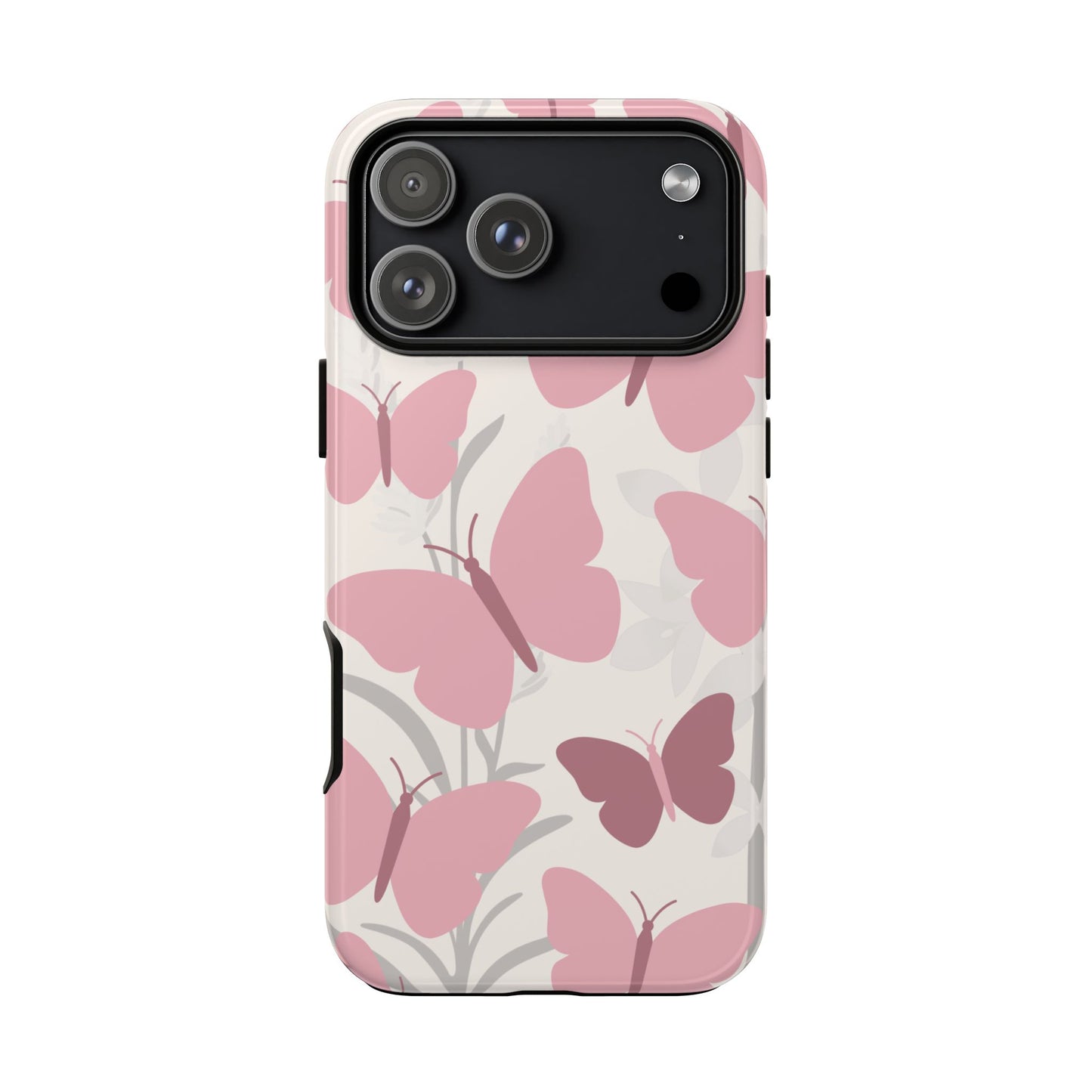 iPhone 17 Pro Max / Glossy Phone Case - Minimalist Cream & Pink Butterfly Pattern Phone Case