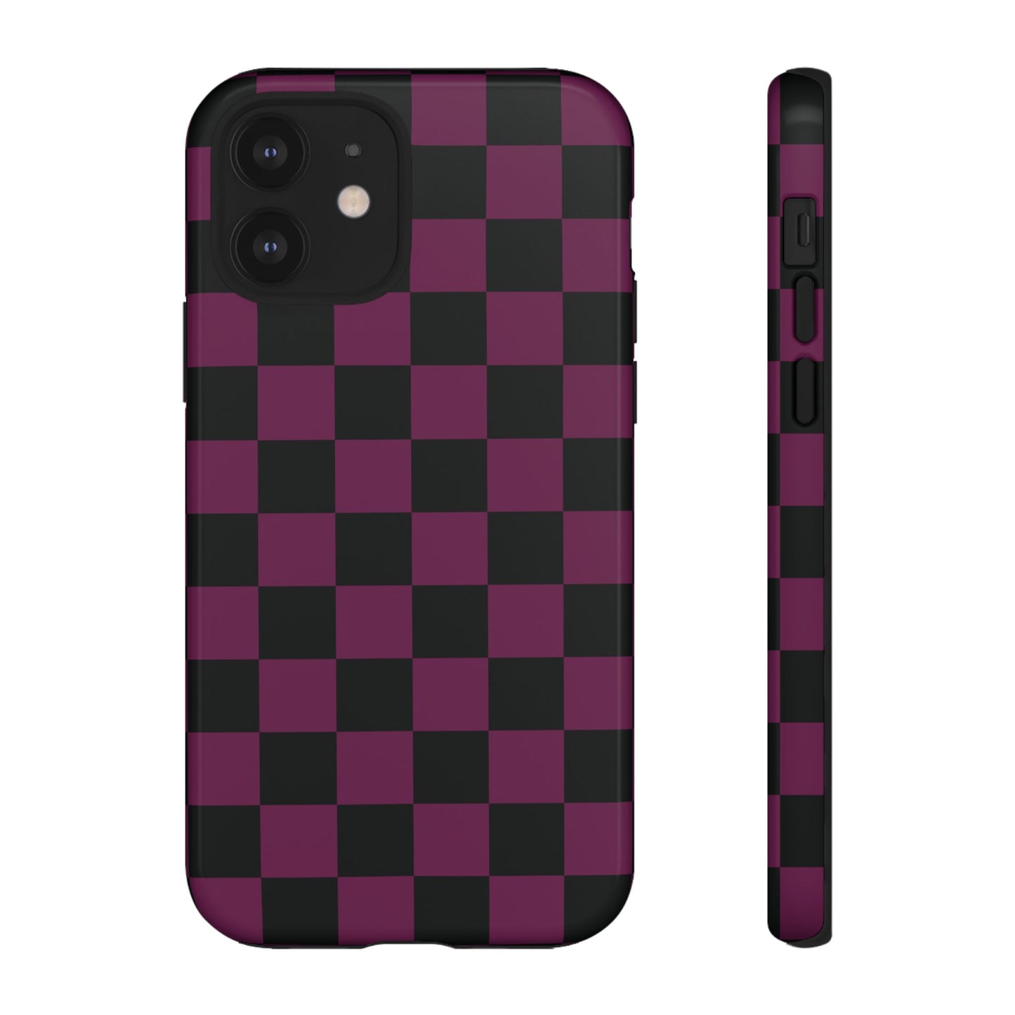 iPhone 12 / Glossy Phone Case - Trendy Plum & Black Checked Pattern Phone Case