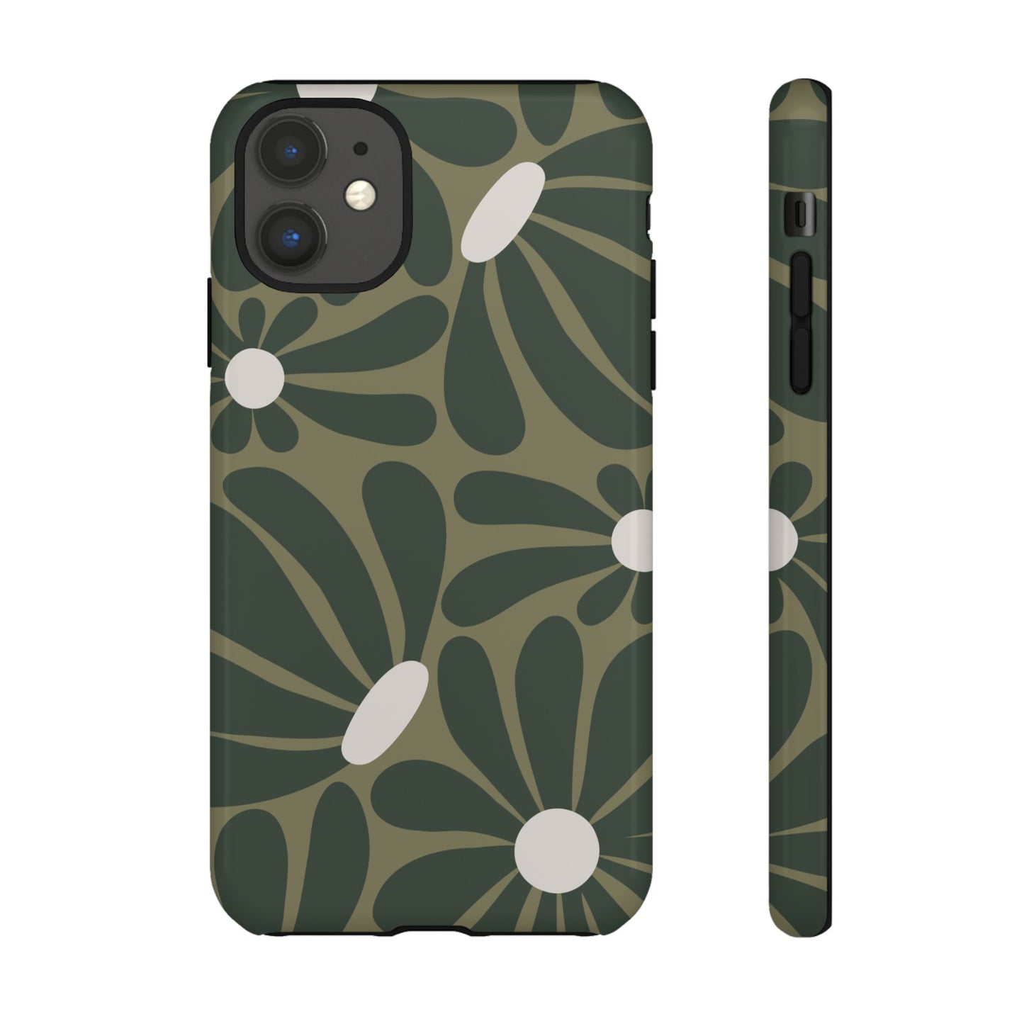 iPhone 11 / Glossy Phone Case - ’Retro Olive Green Daisy Pattern’ Phone Case