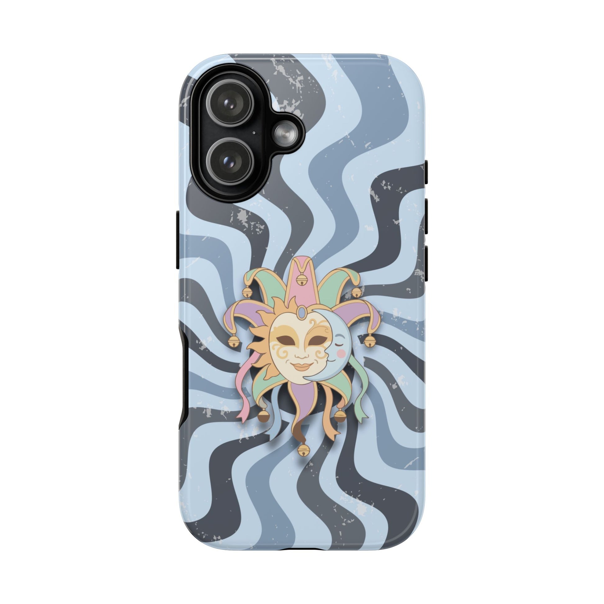 iPhone 17 / Glossy Phone Case - Sun & Moon Jester Mask – Blue Retro Wave Phone Case