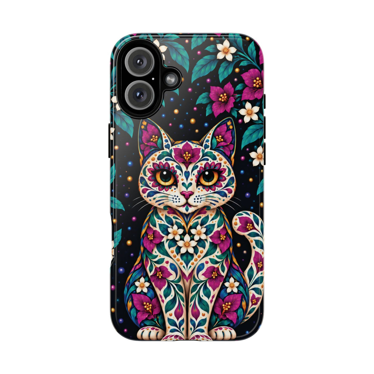 Vibrant Purple and Teal Calavera Cat Phone Case - Multicolor Phone Case - iPhone 16 Plus / Glossy