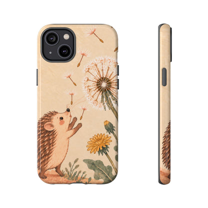 Whimsical Cream Hedgehog and Dandelion Phone Case - White Phone Case - iPhone 14 Plus / Glossy