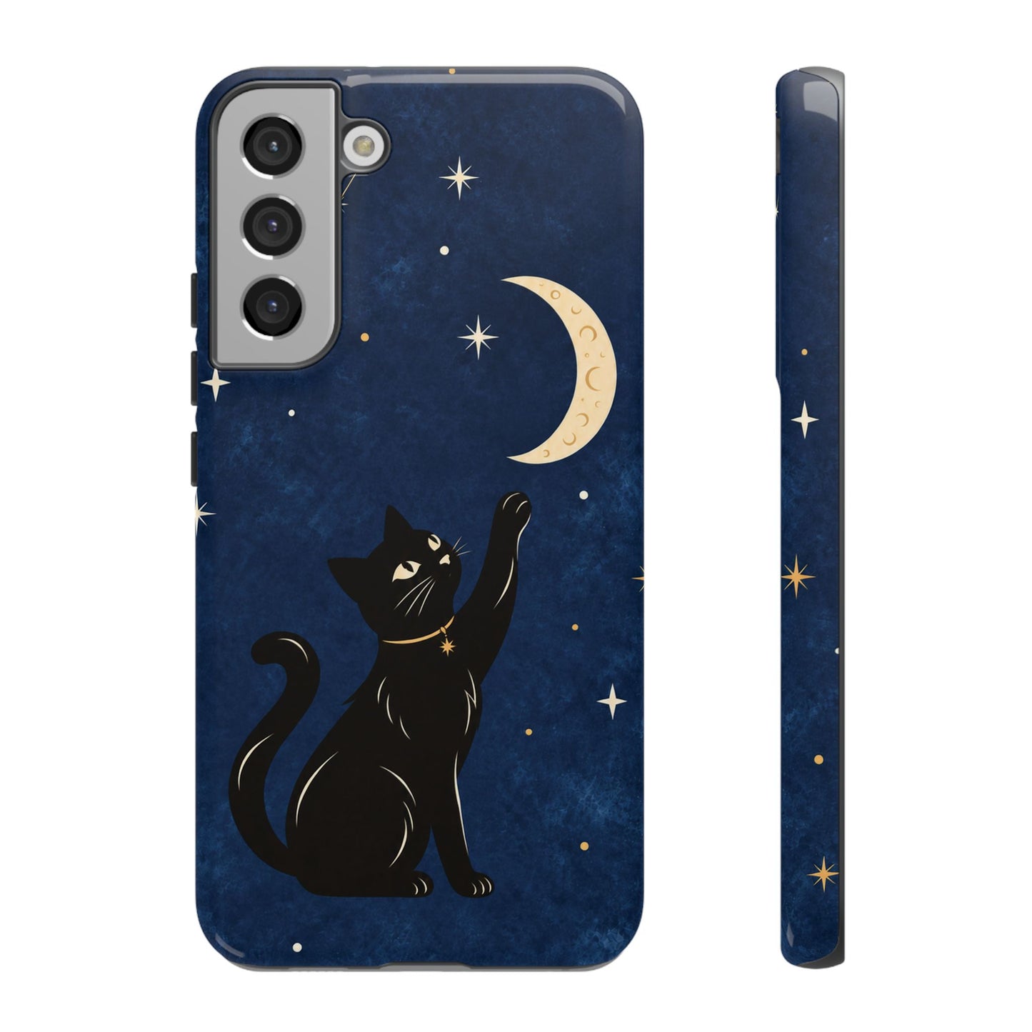 Whimsical Navy Blue Celestial Black Cat Phone Case