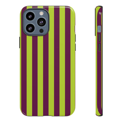 iPhone 13 Pro Max / Glossy Phone Case - Trendy Neon Lime Green & Plum Stripe Pattern Phone Case