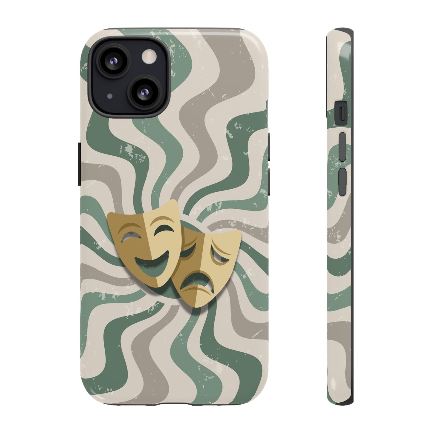 iPhone 13 / Glossy Phone Case - Comedy & Tragedy Masks – Green Minimal Retro Wave Phone Case