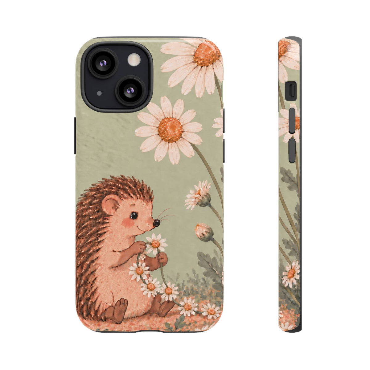Whimsical Sage Green Hedgehog and Daisy Chain Phone Case - Green Phone Case - iPhone 13 Mini / Glossy
