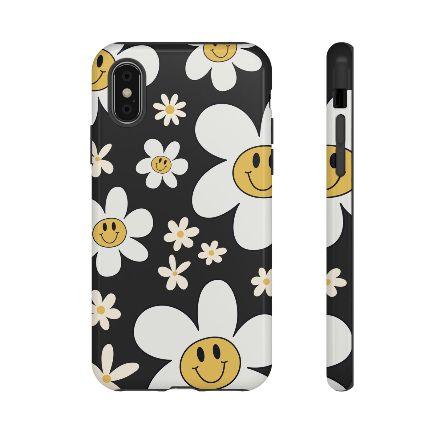 iPhone XS / Glossy Phone Case - Fun Retro Daisy Pattern with Dark Grey Background Phone Case