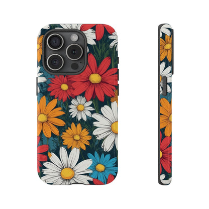 iPhone 15 Pro / Glossy Phone Case - Pop Art Daisies Illustration ’Red & Orange’ Phone Case
