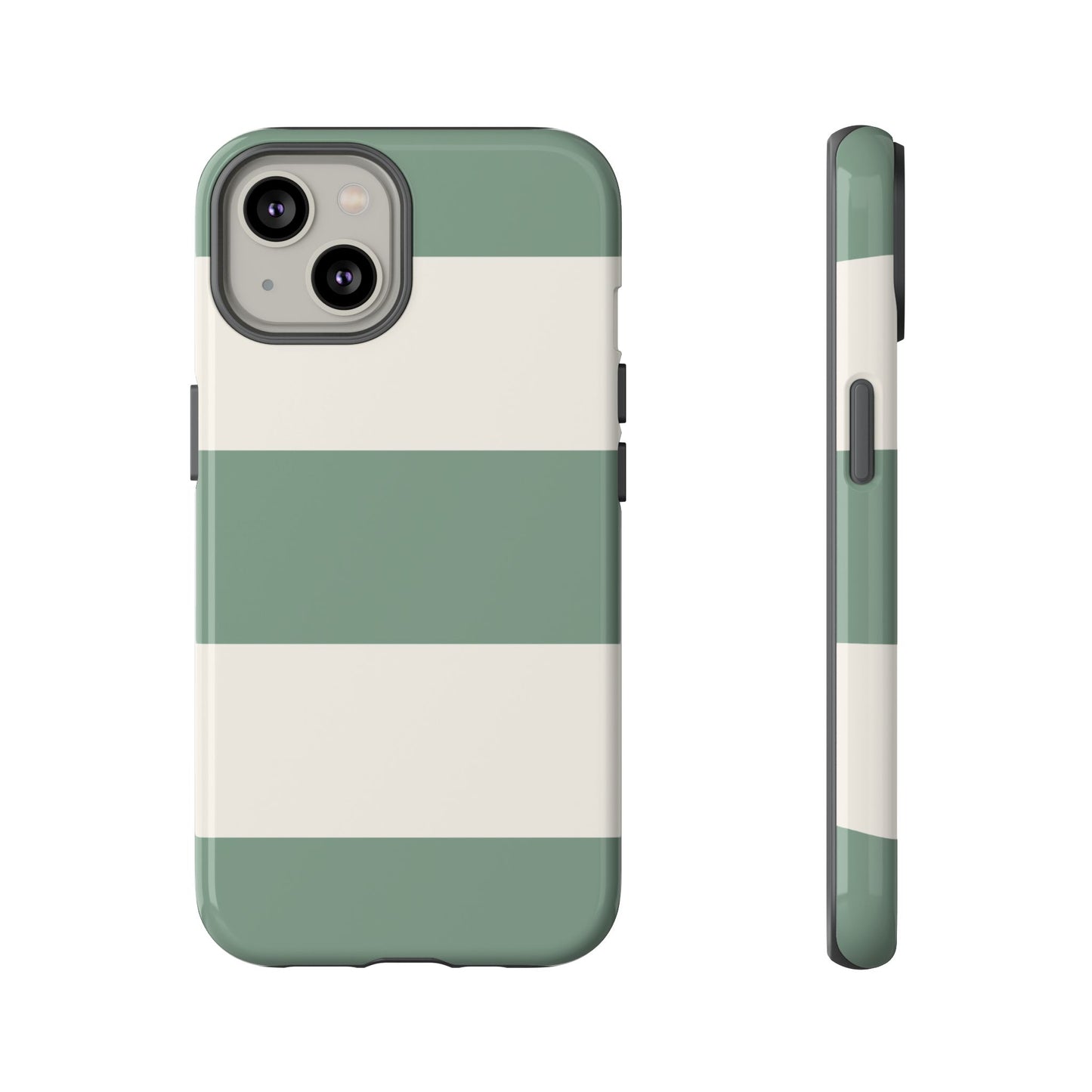 iPhone 14 / Glossy Phone Case - Green & White Horizontal Stripe Pattern Phone Case