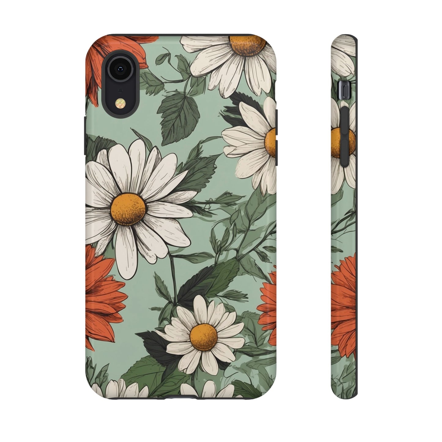 iPhone XR / Glossy Phone Case - Boho Chic Daisies Floral Pattern ’White & Orange’ Phone Case