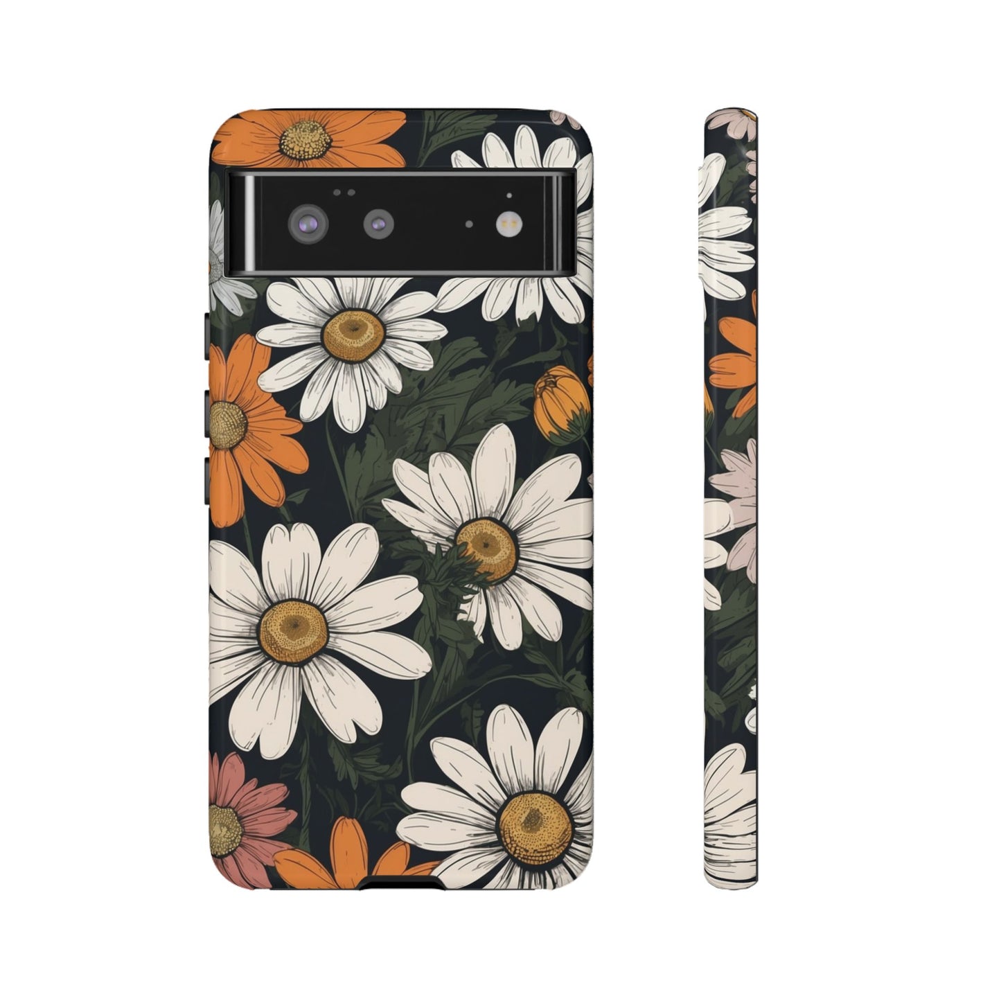 Google Pixel 6 / Glossy Phone Case - Boho Chic Daisies Floral Pattern ’White Orange & Pink’ Phone Case