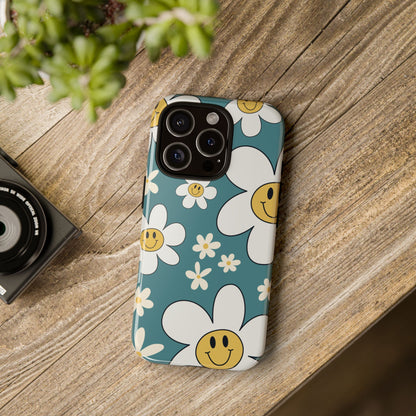 Fun Retro Daisy Pattern with Light Blue Background Phone Case - Blue Phone Case