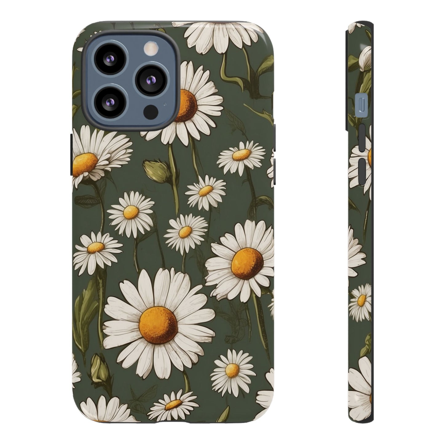 iPhone 13 Pro Max / Glossy Phone Case - Boho Chic Daisies Floral Pattern ’White & Green’ Phone Case