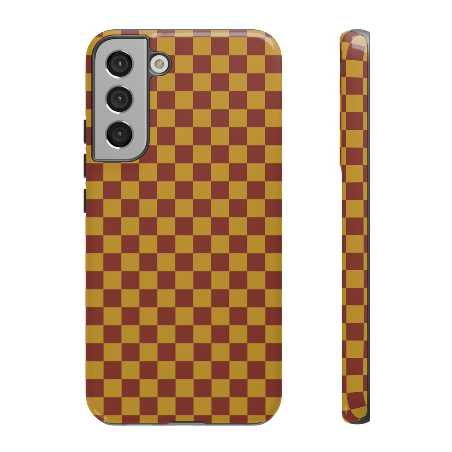 Samsung Galaxy S22 Plus / Glossy Phone Case - Trendy Mustard & Burgandy Small Checked Pattern Phone Case